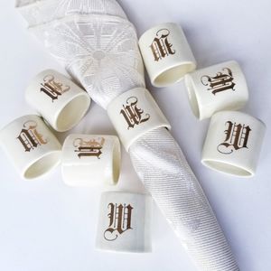 Vintage Glazed Ceramic Monogramed Table Napkin Ring Holder Cream 8 pc Set